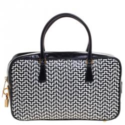 Pre Owned Prada Black/White Woven Leather Bowler Bag