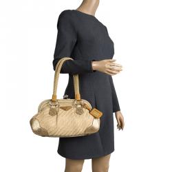 Pre Owned Prada Beige/Gold Jute and Snakeskin Frame Satchel