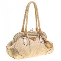 Pre Owned Prada Beige/Gold Jute and Snakeskin Frame Satchel