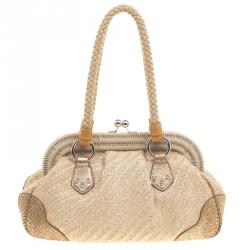 Pre Owned Prada Beige/Gold Jute and Snakeskin Frame Satchel