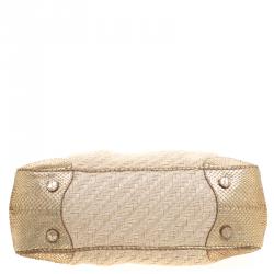 Pre Owned Prada Beige/Gold Jute and Snakeskin Frame Satchel