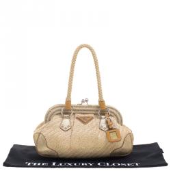 Pre Owned Prada Beige/Gold Jute and Snakeskin Frame Satchel