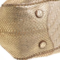 Pre Owned Prada Beige/Gold Jute and Snakeskin Frame Satchel