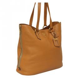 Pre Owned Prada Tan Vitello Daino Leather Side Zip Tote