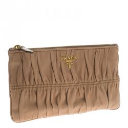 Pre Owned Prada Beige Gaufre Nappa Leather Zip Clutch
