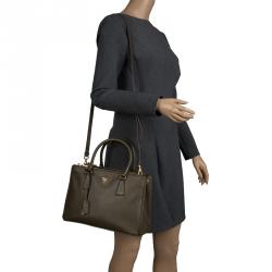 Pre Owned Prada Fatigue Green Saffiano Lux Leather Double Zip Tote