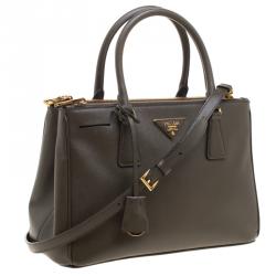Pre Owned Prada Fatigue Green Saffiano Lux Leather Double Zip Tote