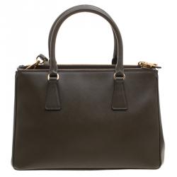 Pre Owned Prada Fatigue Green Saffiano Lux Leather Double Zip Tote
