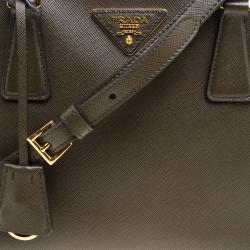 Pre Owned Prada Fatigue Green Saffiano Lux Leather Double Zip Tote