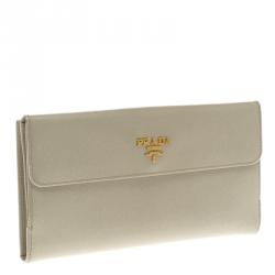 Pre Owned Prada Off White Saffiano Leather Long Flap Wallet