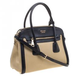 Pre Owned Prada Beige/Black Leather Double Zip Convertible Tote