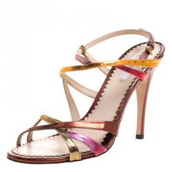 Pre Owned Prada Multicolor Metallic Leather Strappy Sandals Size 38.5