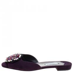 Pre Owned Prada Purple Crystal Embellished Suede Flat Slides Size 37.5
