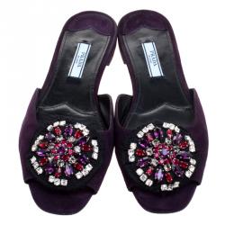 Pre Owned Prada Purple Crystal Embellished Suede Flat Slides Size 37.5