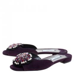 Pre Owned Prada Purple Crystal Embellished Suede Flat Slides Size 37.5