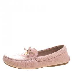 Pre Owned Prada Blush Pink Alligator Embossed Leather Bow Loafers Size 40