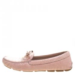 Pre Owned Prada Blush Pink Alligator Embossed Leather Bow Loafers Size 40