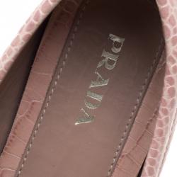 Pre Owned Prada Blush Pink Alligator Embossed Leather Bow Loafers Size 40
