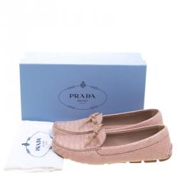Pre Owned Prada Blush Pink Alligator Embossed Leather Bow Loafers Size 40