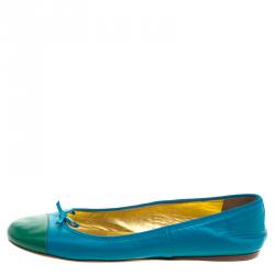 Pre Owned Prada Blue Color Block Leather Bow Detail Ballet Flats Size 36.5