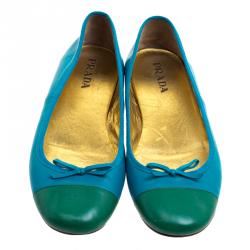Pre Owned Prada Blue Color Block Leather Bow Detail Ballet Flats Size 36.5
