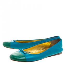 Pre Owned Prada Blue Color Block Leather Bow Detail Ballet Flats Size 36.5
