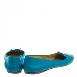 Pre Owned Prada Blue Color Block Leather Bow Detail Ballet Flats Size 36.5