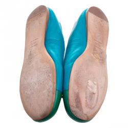 Pre Owned Prada Blue Color Block Leather Bow Detail Ballet Flats Size 36.5