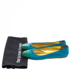 Pre Owned Prada Blue Color Block Leather Bow Detail Ballet Flats Size 36.5