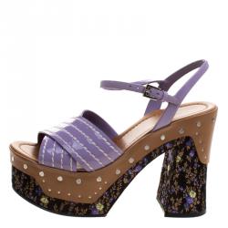 Pre Owned Prada Purple Patent Leather and Floral Jacquard Clog Platform Sandals Size 38.5