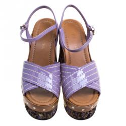 Pre Owned Prada Purple Patent Leather and Floral Jacquard Clog Platform Sandals Size 38.5