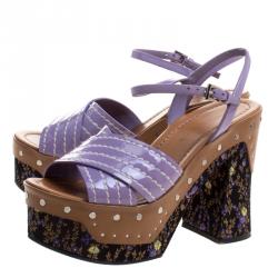 Pre Owned Prada Purple Patent Leather and Floral Jacquard Clog Platform Sandals Size 38.5
