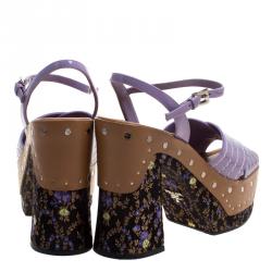 Pre Owned Prada Purple Patent Leather and Floral Jacquard Clog Platform Sandals Size 38.5