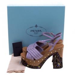 Pre Owned Prada Purple Patent Leather and Floral Jacquard Clog Platform Sandals Size 38.5