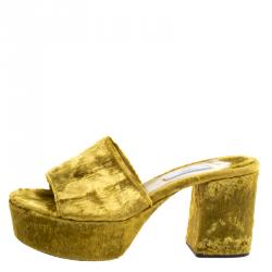 Pre Owned Prada Gold Velvet Block Heel Mules Size 39