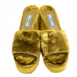 Pre Owned Prada Gold Velvet Block Heel Mules Size 39
