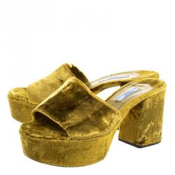 Pre Owned Prada Gold Velvet Block Heel Mules Size 39