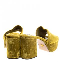 Pre Owned Prada Gold Velvet Block Heel Mules Size 39