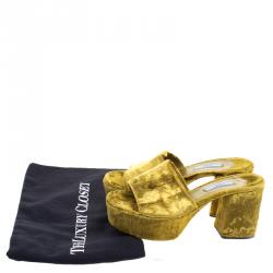 Pre Owned Prada Gold Velvet Block Heel Mules Size 39
