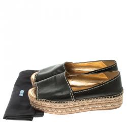 Prada Black Leather Open Toe Platform Espadrilles Size 39.5