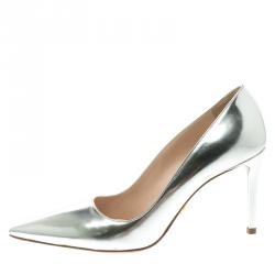 Pre Owned Prada Silver Metallic Leather Pointed Toe Pumps Size 37