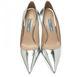 Pre Owned Prada Silver Metallic Leather Pointed Toe Pumps Size 37