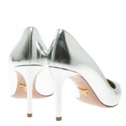 Pre Owned Prada Silver Metallic Leather Pointed Toe Pumps Size 37