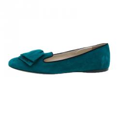 Pre Owned Prada Turquoise Suede Bow Smoking Slippers Size 40.5