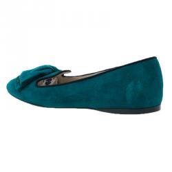 Pre Owned Prada Turquoise Suede Bow Smoking Slippers Size 40.5