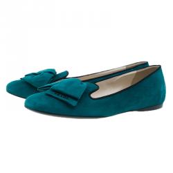 Pre Owned Prada Turquoise Suede Bow Smoking Slippers Size 40.5