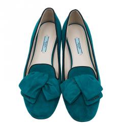 Pre Owned Prada Turquoise Suede Bow Smoking Slippers Size 40.5