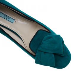Pre Owned Prada Turquoise Suede Bow Smoking Slippers Size 40.5