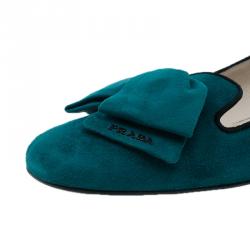 Pre Owned Prada Turquoise Suede Bow Smoking Slippers Size 40.5