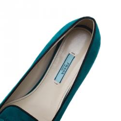 Pre Owned Prada Turquoise Suede Bow Smoking Slippers Size 40.5